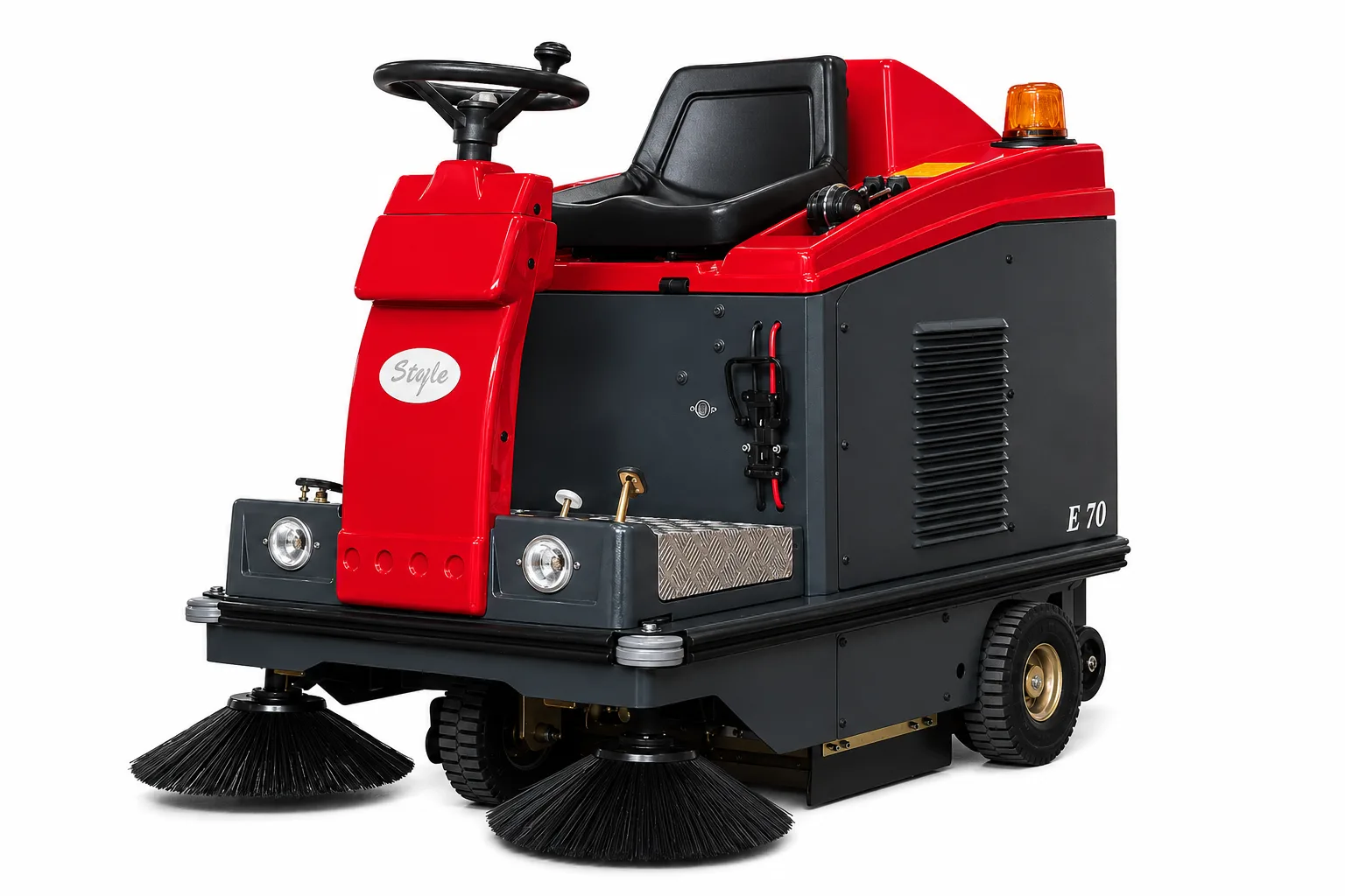 Compact industrial ride-on floor sweeper